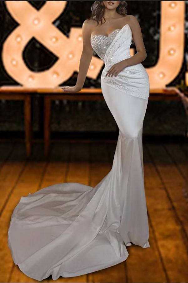 Stylish Sweetheart Mermaid Wedding Dress Glitter Sequins Sleeveless Satin Bridal Gown-newarrivaldress
