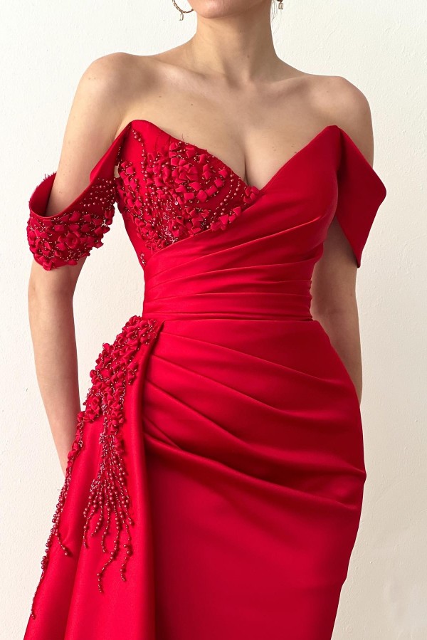 Off-the-Shoulder Red Mermaid Prom Dress Beadings Long Special Occasion Dress with Sweep Train-newarrivaldress