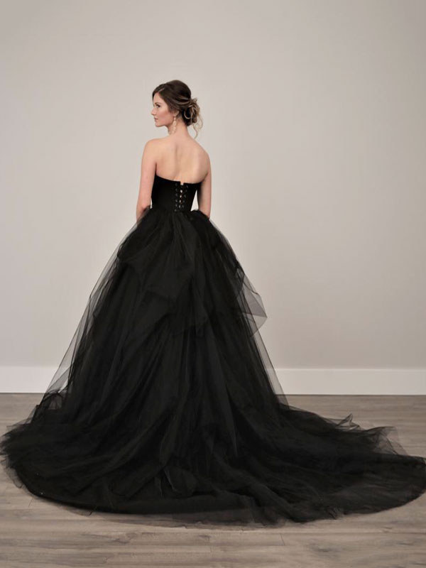 Black Wedding Dresses A-Line Strapless Pleated Taffeta Tulle Chapel Train Bridal Dress-newarrivaldress