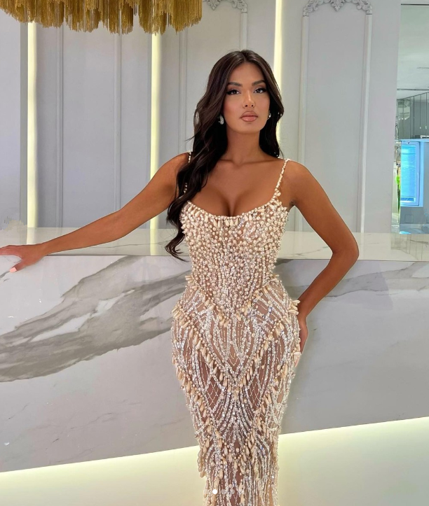 Sexy Spaghetti Straps Beadings Pearls Mermaid Prom D ress Sleeveless Bodycon Party Dress-newarrivaldress