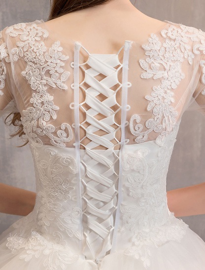 Ivory Wedding Dresses Tulle Illusion Neckline Half Sleeve Floor Length Princess Bridal Gown-newarrivaldress