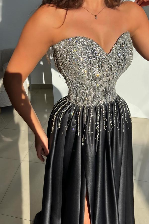 Sweetheart Glitter Sequins Aline Prom Dress Front Slit Satin Evening Dress Strapless-newarrivaldress