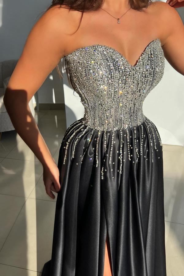 Sweetheart Glitter Sequins Aline Prom Dress Front Slit Satin Evening Dress Strapless-newarrivaldress