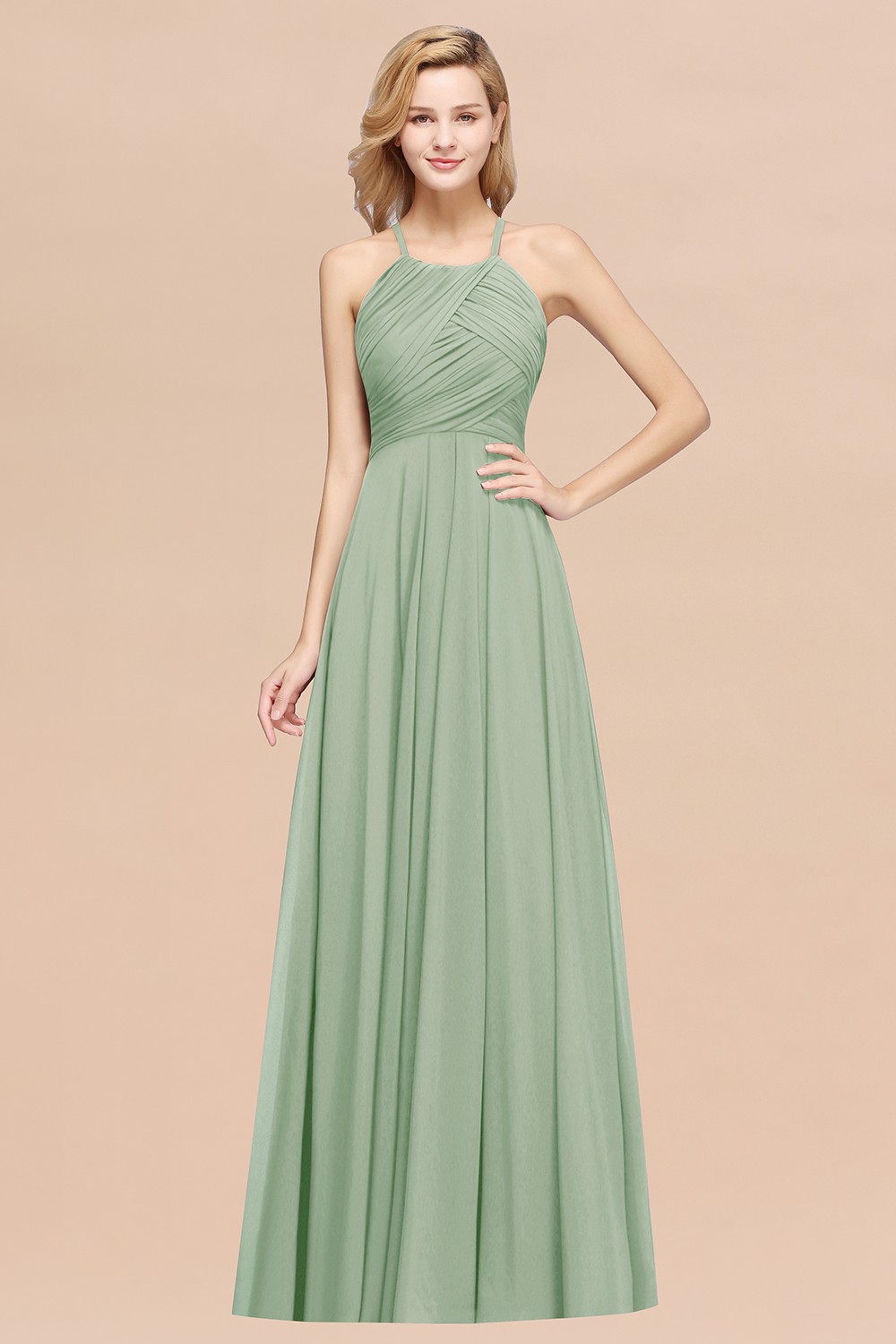 Halter Pleated Bridesmaid Dress Chiffon Sleeveless Floor Length Wedding Guest Dress-newarrivaldress