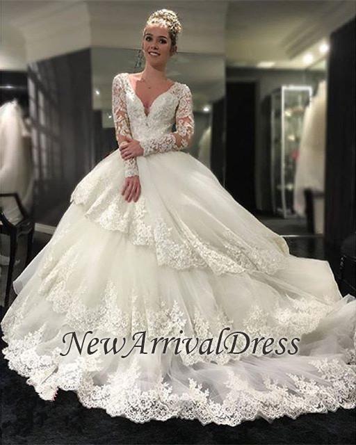 Three-Layers Long Sleeve Online New Arrival Lace Appliques Delicate Elegant Ball Gown Wedding Dresses-newarrivaldress