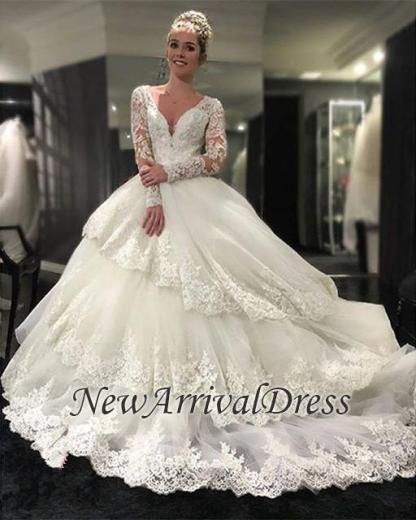 Three-Layers Long Sleeve Online New Arrival Lace Appliques Delicate Elegant Ball Gown Wedding Dresses-newarrivaldress