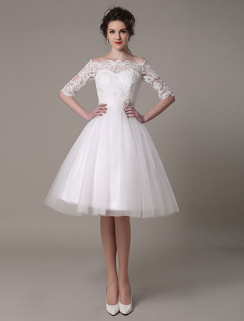 Lace Wedding Dresses 2021 Short Off The Shoulder A Line Knee Length Waist Rhinestone Bridal Dress Exclusive-newarrivaldress