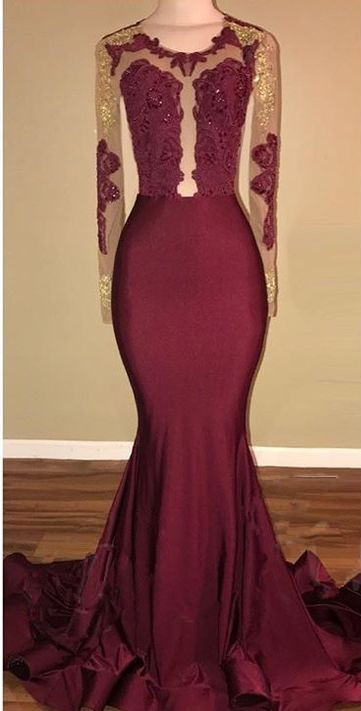 Amazing Burgundy Gold Prom Dresses | Long Sleeves Mermaid Evening Gowns-newarrivaldress
