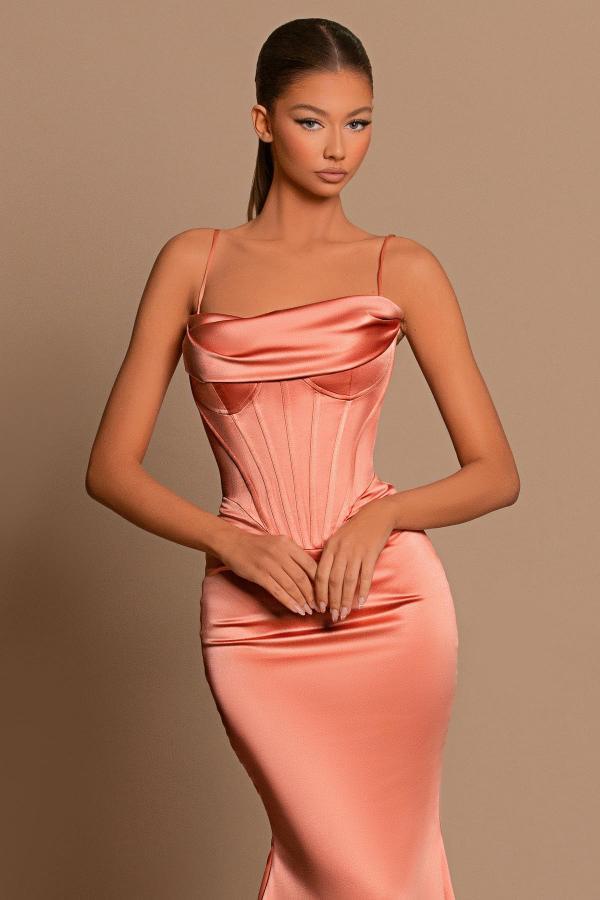 Charming Tube Ruched Satin Long Evening Dress Spaghetti Straps Mermaid Prom Dress-newarrivaldress