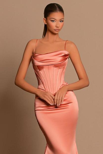 Charming Tube Ruched Satin Long Evening Dress Spaghetti Straps Mermaid Prom Dress-newarrivaldress