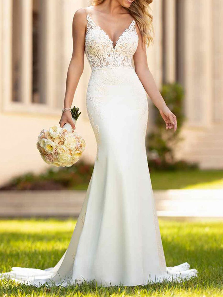 White Simple Wedding Dress Mermaid V-Neck Sleeveless Backless Natural Waist Lace Bridal Gowns-newarrivaldress