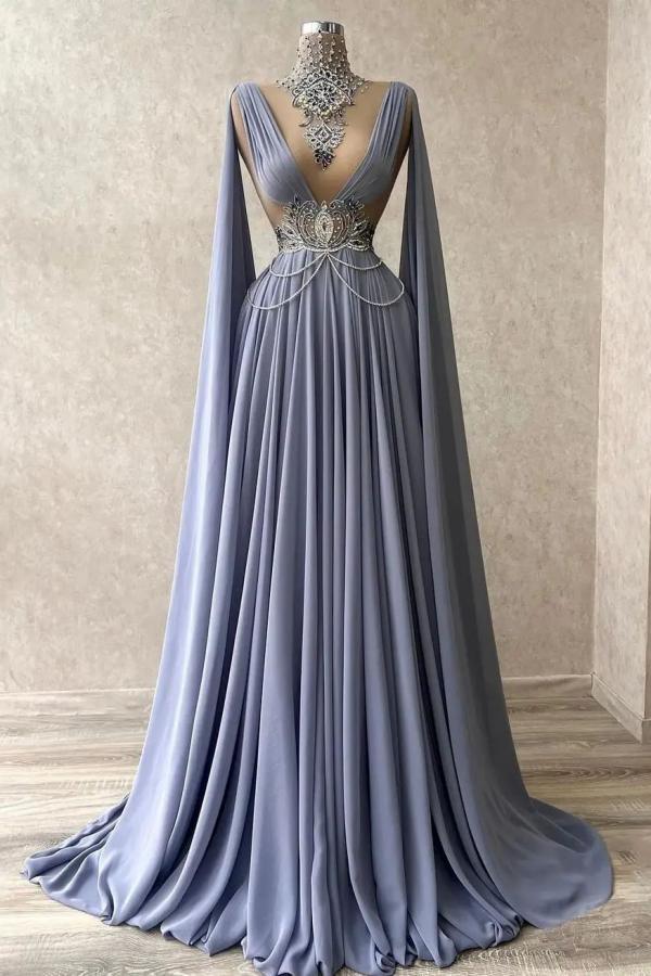 Stunning Satin Long Evening Dress V-Neck Beadings Crystals Party Dress with Cape-newarrivaldress