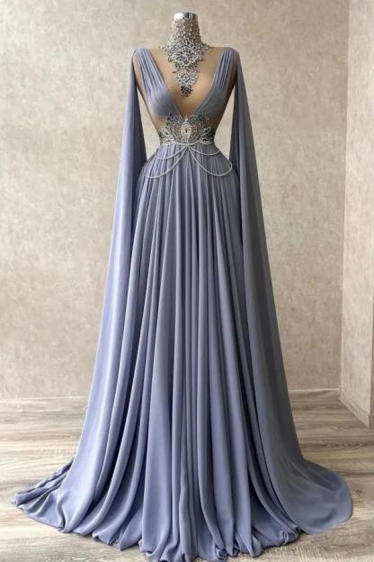 Stunning Satin Long Evening Dress V-Neck Beadings Crystals Party Dress with Cape-newarrivaldress