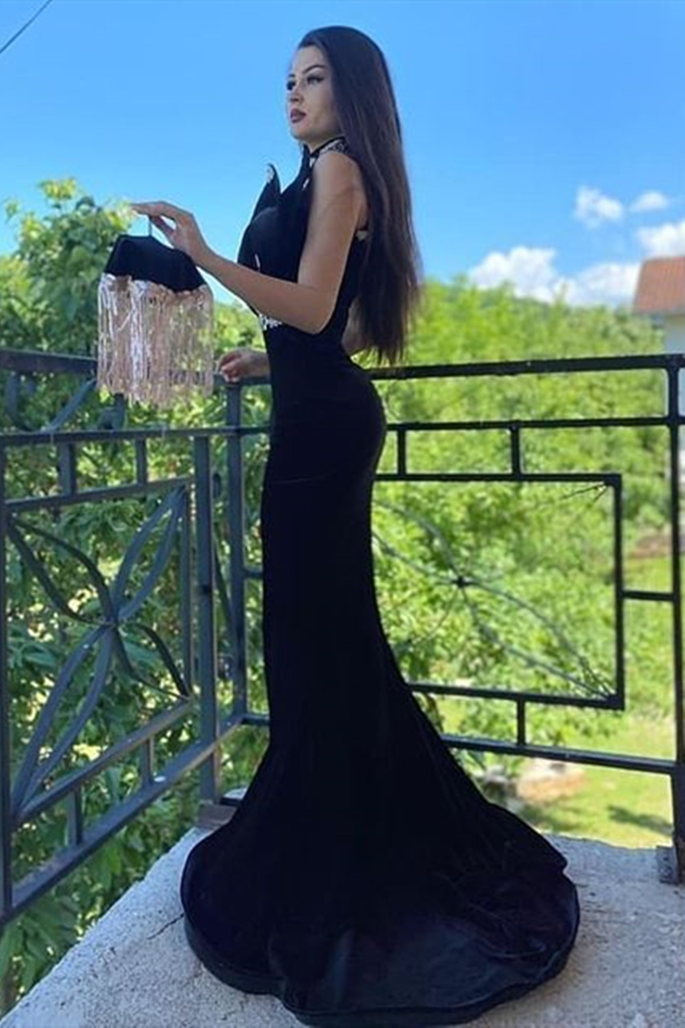 Halter Navy Velvet Mermaid Evening Gown Side Split Prom Dress-newarrivaldress