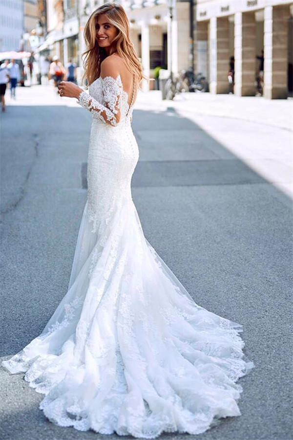 Mermaid Tulle Lace Appliques Sexy Off The Shoulder Long Sleeve Wedding Dresses-newarrivaldress