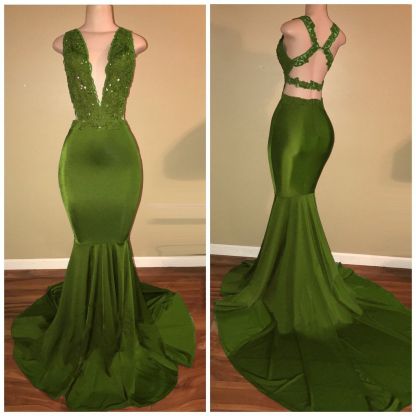 Criss-Cross Sexy Straps Beaded Mermaid Appliques Sleeveless Green Lace Elegant V-Neck Long Prom Dresses BA7993-newarrivaldress