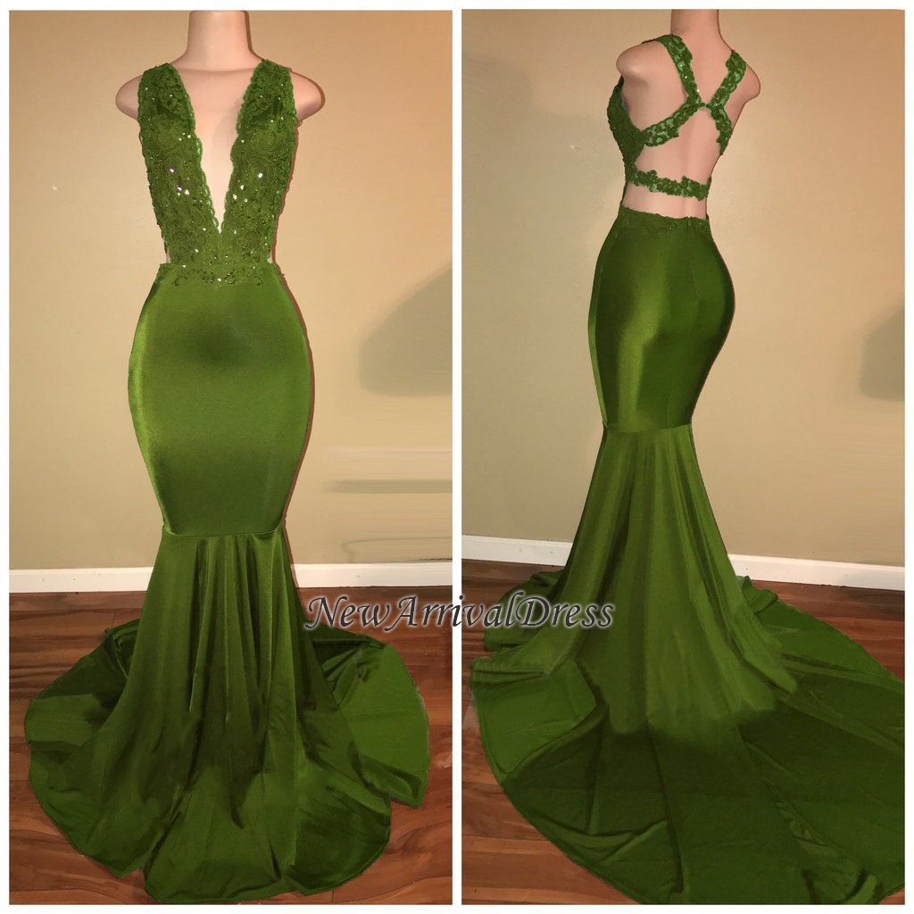 Criss-Cross Sexy Straps Beaded Mermaid Appliques Sleeveless Green Lace Elegant V-Neck Long Prom Dresses BA7993-newarrivaldress