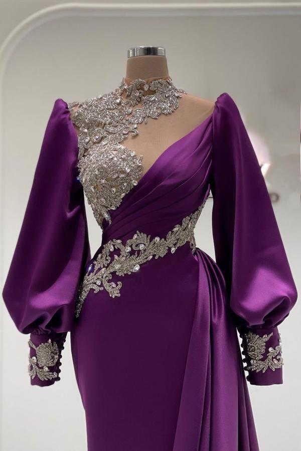 Luxury Long Sleeves Mermaid Prom Dress Appliques High Neck Satin Long Evening Dresses-newarrivaldress