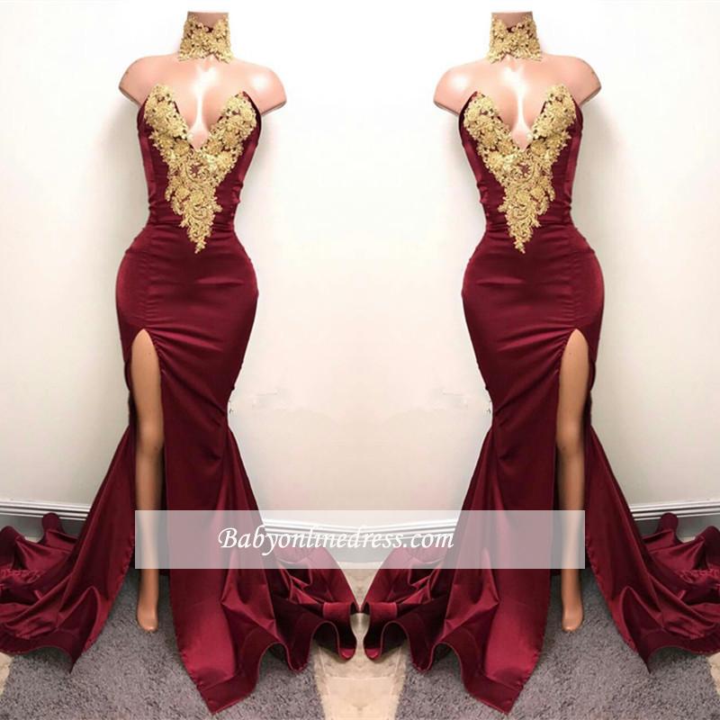 Front-Split High Neck Mermaid Burgundy Lace Appliques Prom Dresses SP0326-newarrivaldress