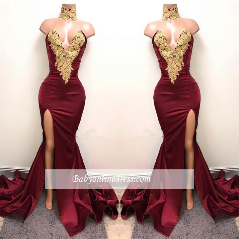 Front-Split High Neck Mermaid Burgundy Lace Appliques Prom Dresses SP0326-newarrivaldress