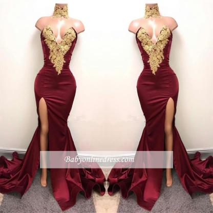 Front-Split High Neck Mermaid Burgundy Lace Appliques Prom Dresses SP0326-newarrivaldress