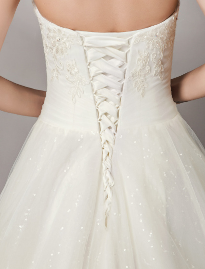Wedding Dresses Ivory Strapless Lace Beaded Chapel Train Bridal Gowns-newarrivaldress