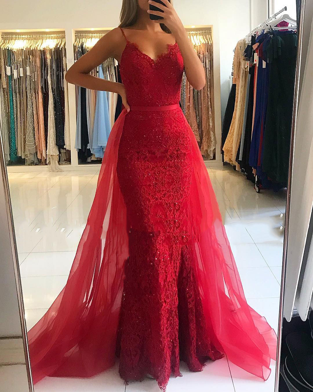 Red Sheath Spaghetti Straps Prom Dresses 2021 | Sexy Lace OverSkirt Evening Dress-newarrivaldress