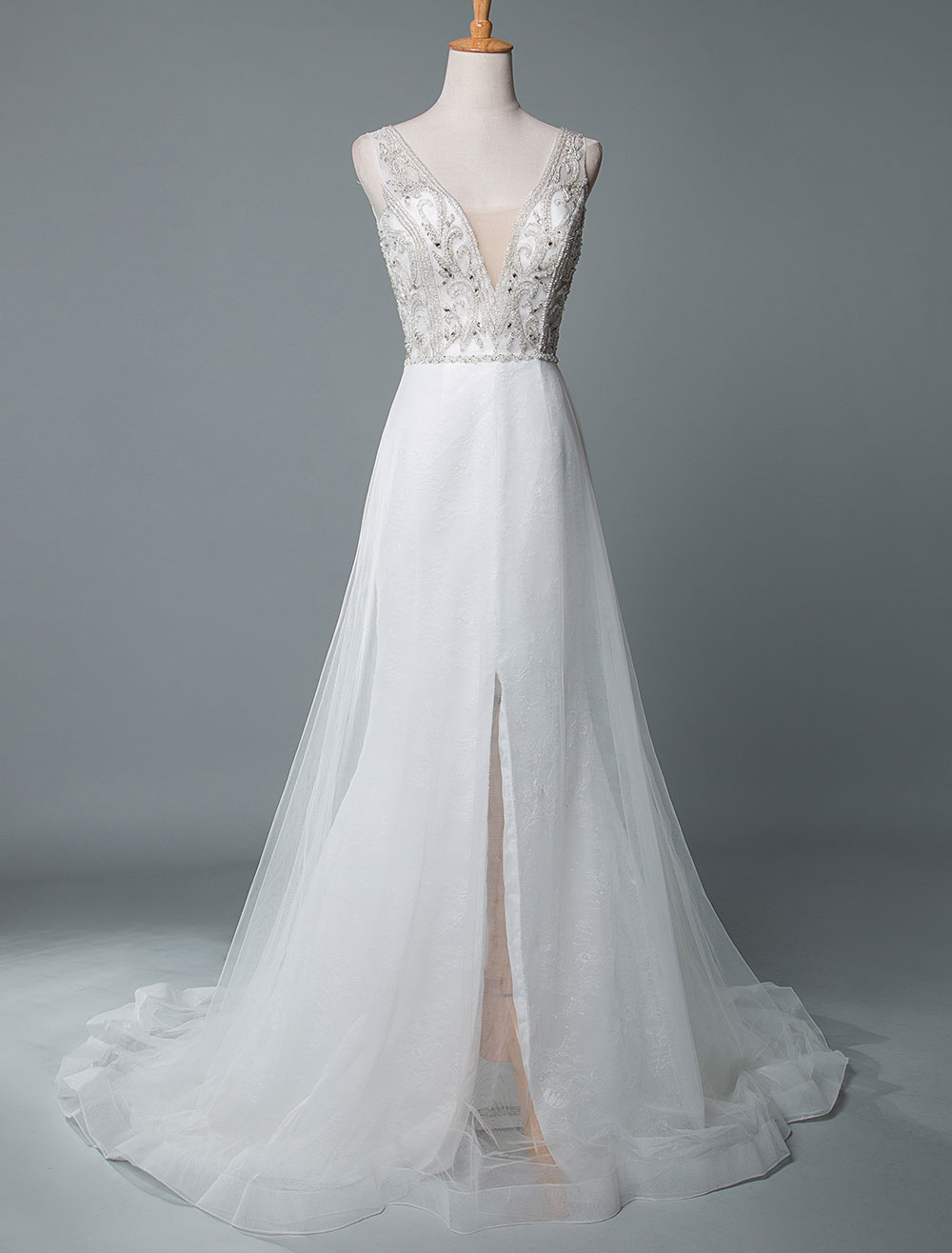 Beach Wedding Dress A Line Sleeveless V Neck High Split Floor Length Backless Sexy Bridal Gown-newarrivaldress