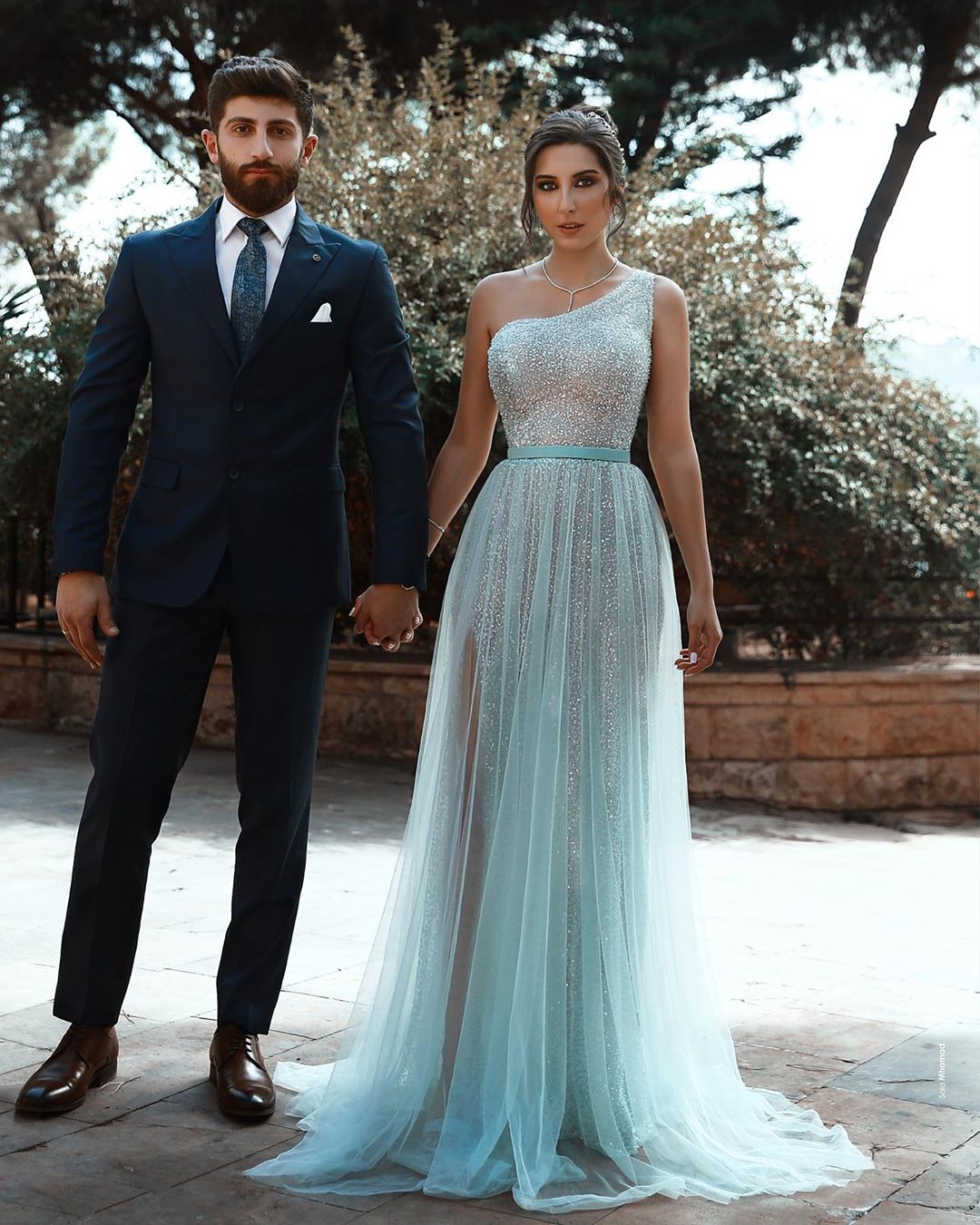One Shoulder Shiny Sequins Belt Prom Dresses | Side Split Tulle Floor Length Evening Gowns-newarrivaldress
