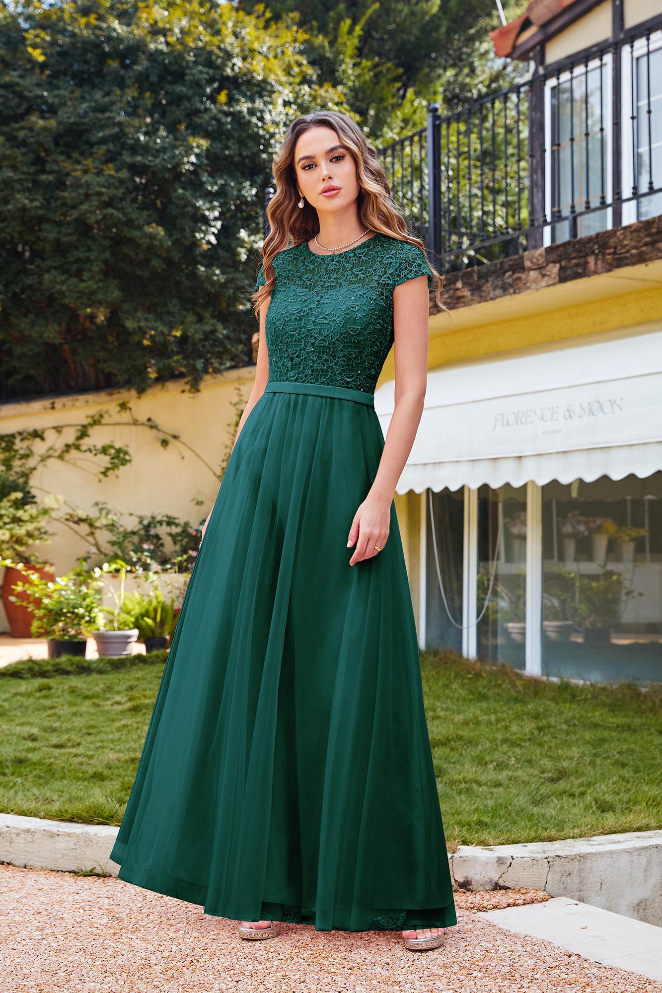 Chic Cap Sleeves Illusion Lace Aline Bridesmaid Dress Floor Length Chiffon Evening Dress-newarrivaldress