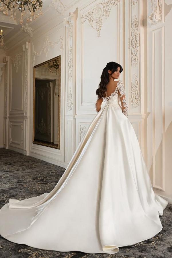 Elegant Satin Aline Wedding Dress with Long Sleeves Floral Lace Princess Bridal Dress-newarrivaldress