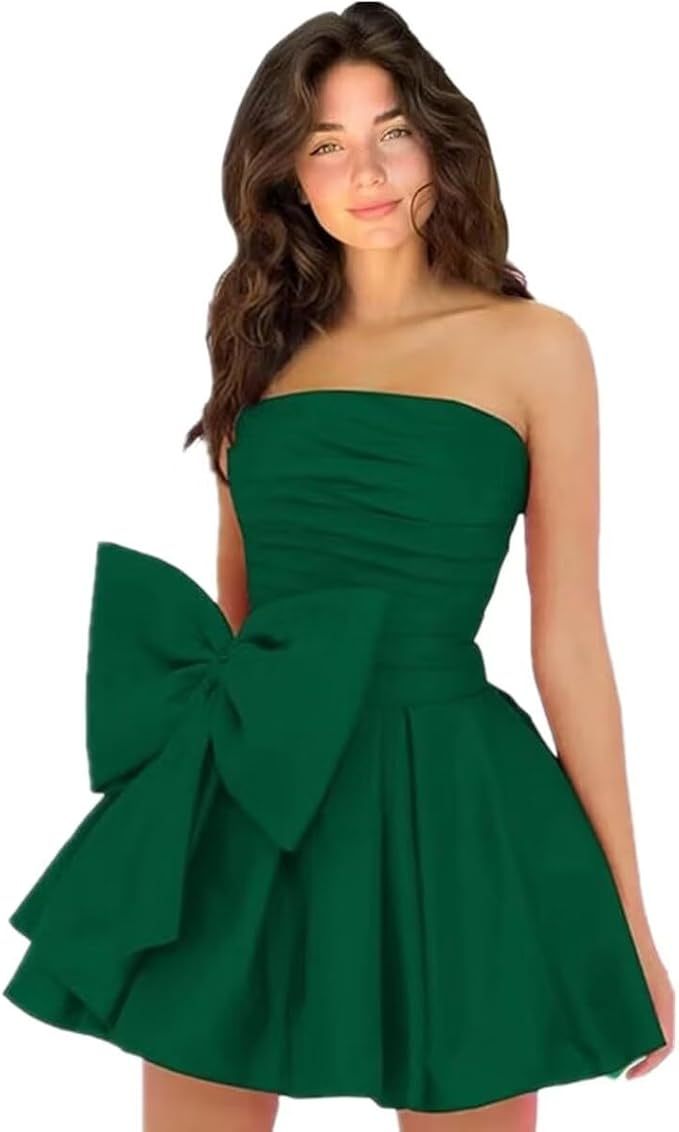 Simple Strapless Ruffle Satin Short Homecoming Dress Sleeveless Mini Party Dress with Bow-newarrivaldress