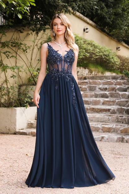 Elegant Sleeveless Navy Blue A-line Evening Dress Lace Appliques Chiffon Simple Bridesmaid Dress-newarrivaldress