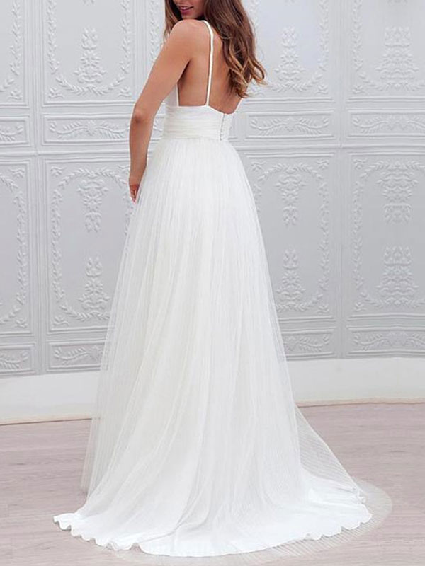 Simple Wedding Dresses 2021 A Line V Neck Straps Backless Tulle Beach Wedding Bridal Dress-newarrivaldress