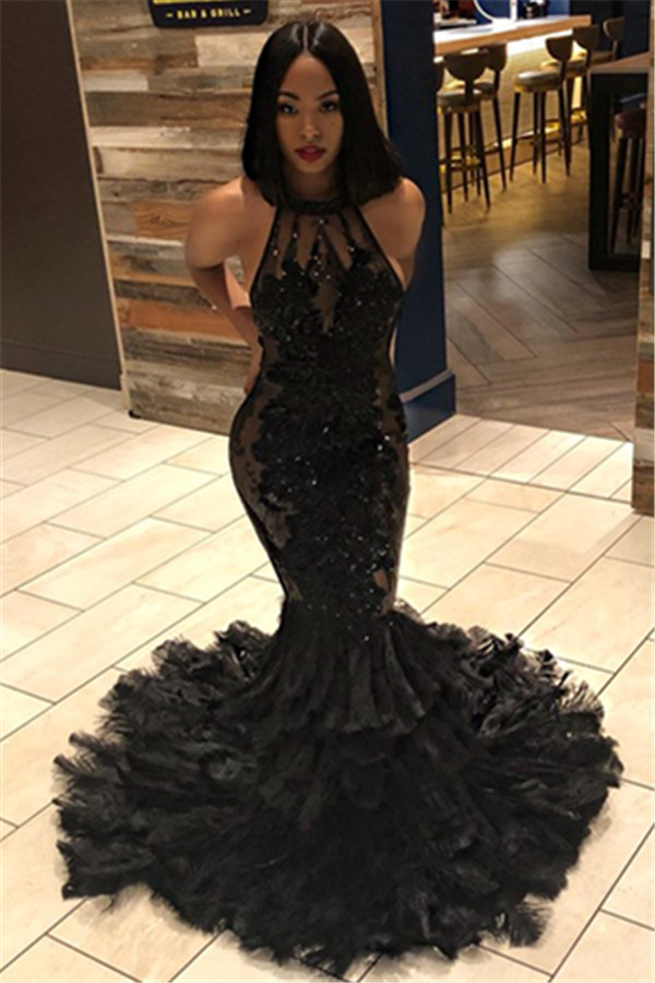 Black Mermaid Halter Sleeveless Open Back Applique Prom Dresses-newarrivaldress