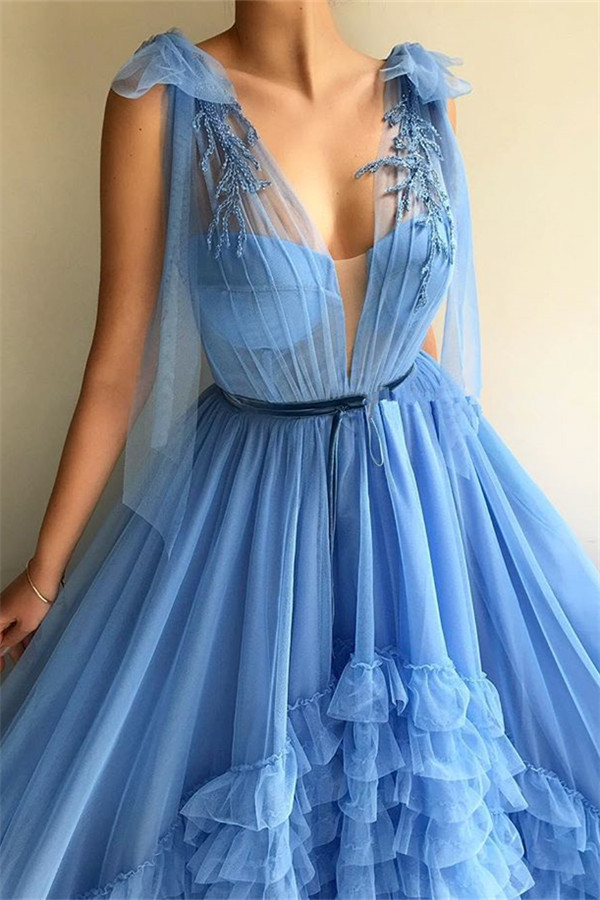 Sexy Tulle Deep V Neck Blue Prom Dress | Chic Sleeveless Layers Long Prom Dress with Sash-newarrivaldress