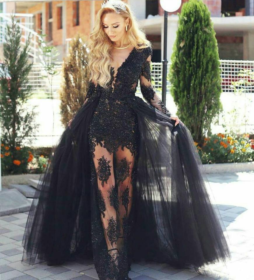 Glamorous Black Tulle Lace Prom Dresses Online | Long Sleeve Formal Gowns with Detachable Skirt BA7963