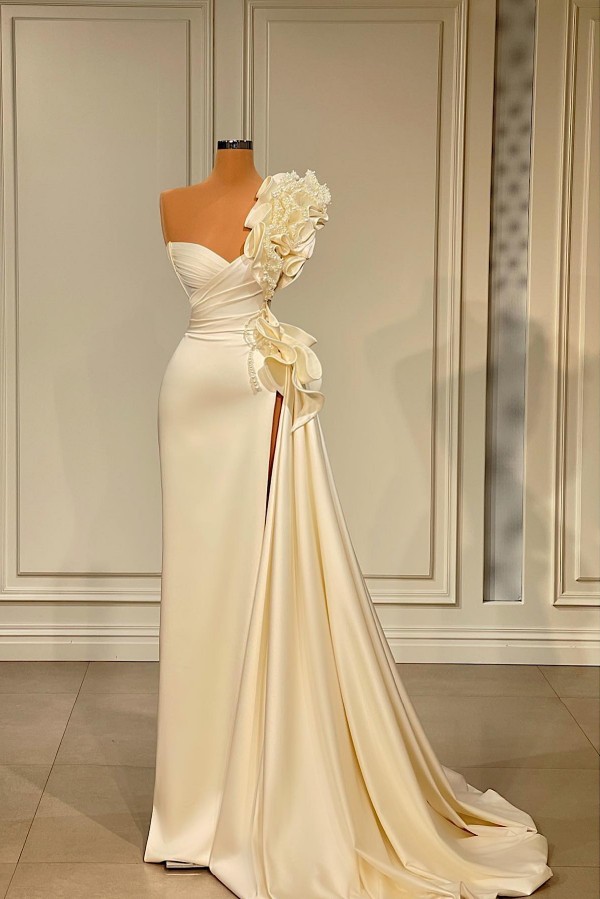 Stunning 3D Flower Long Mermaid Evening Dress Ruched Satin Side Split Prom Dress-newarrivaldress