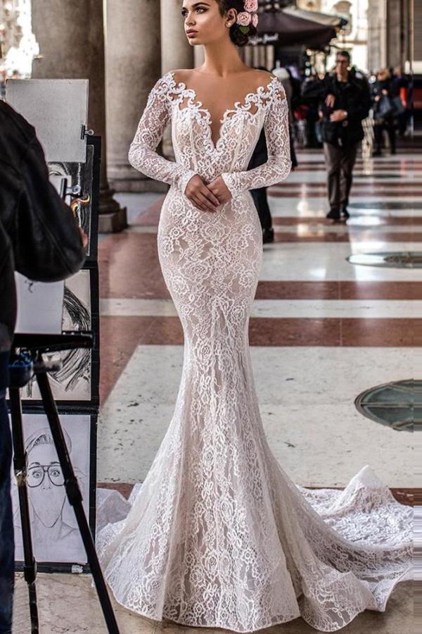 Gorgeous White/Ivory Floral Lace Mermaid Bridal Dress Romantic Long Sleeves Slim Wedding Dress-newarrivaldress