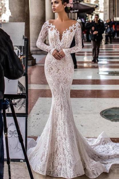 Gorgeous White/Ivory Floral Lace Mermaid Bridal Dress Romantic Long Sleeves Slim Wedding Dress-newarrivaldress