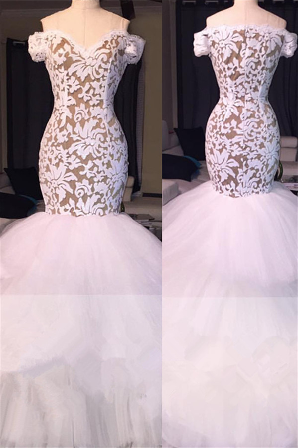 Off the Shoulder White Lace Long Prom Dresses | Tulle Mermaid Plus Size Formal Evening Gowns BA7796-newarrivaldress