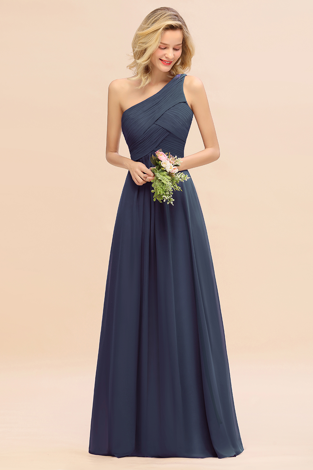 Elegant Ruched Chiffon One Shoulder Bridesmaid Dress Long Sleeveless Evening Dress-newarrivaldress