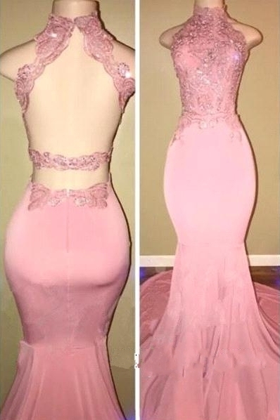 Pink Open Back High Neck Mermaid Long Prom Dresses | Pink Prom Dresses-newarrivaldress