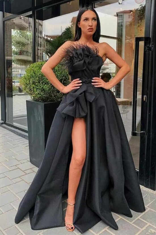 Black Strapless Side Slit Evening Dress Long Fur Prom Dress-newarrivaldress