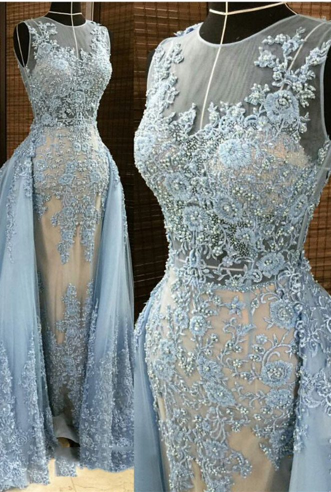 Modest Lace Appliques Blue Prom Dresses Long | Detachable Train Sleeveless Evening Dress-newarrivaldress