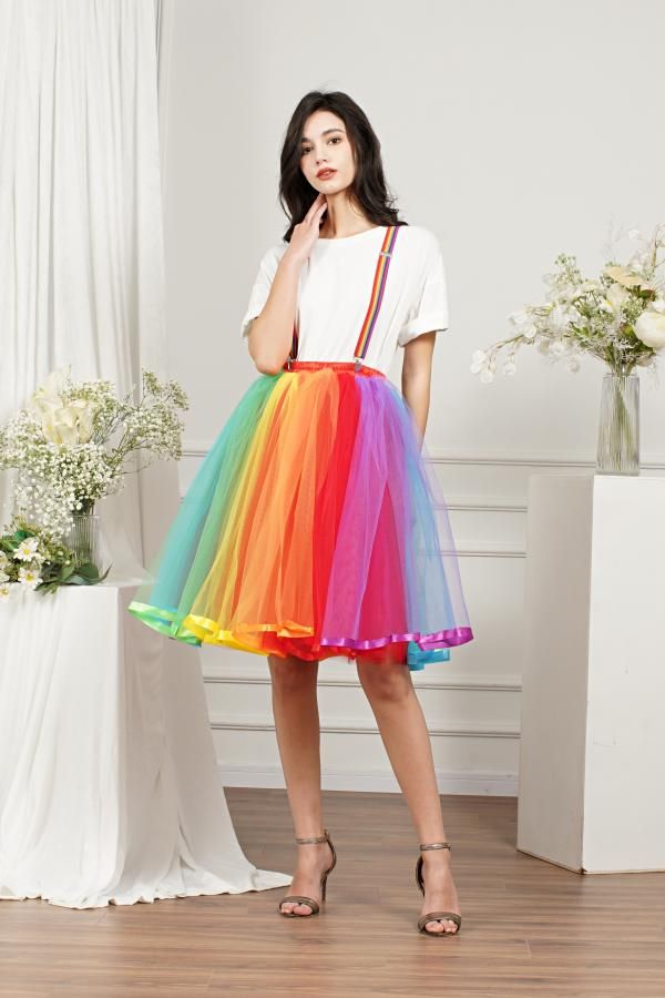 Rainbow Knee Length Skirt Layered Tulle Skirt Girls Colorful Costumes-newarrivaldress