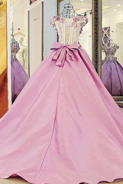 Lace Court Train A-Line Ball Gown Applique Bow Evening Dresses-newarrivaldress