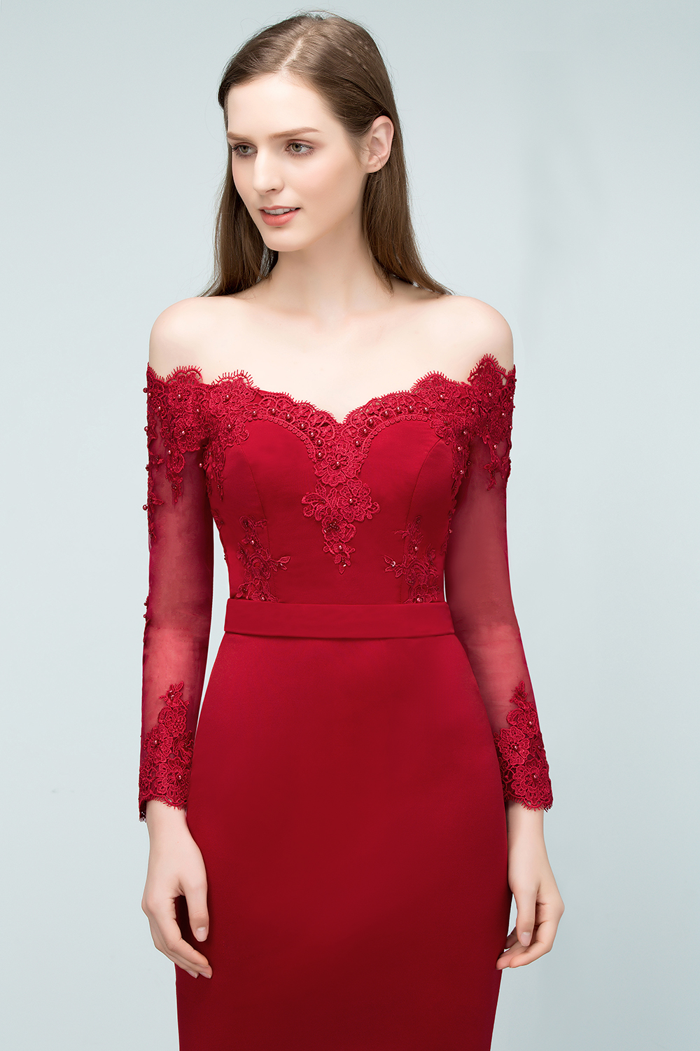 JOYCE | Mermaid Floor Length V-neck Off-shoulder Long Sleeves Appliqued Prom Dresses-newarrivaldress