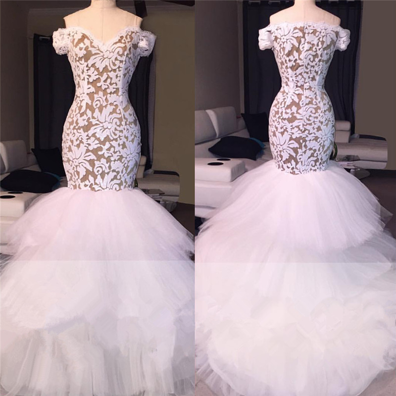 Off the Shoulder White Lace Long Prom Dresses | Tulle Mermaid Plus Size Formal Evening Gowns BA7796-newarrivaldress