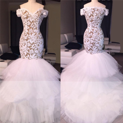 Off the Shoulder White Lace Long Prom Dresses | Tulle Mermaid Plus Size Formal Evening Gowns BA7796-newarrivaldress